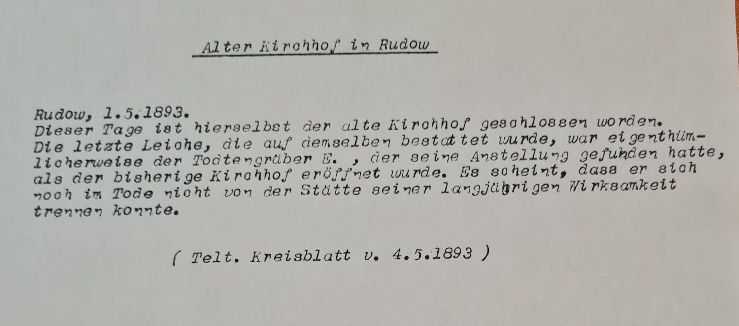 Abschrift vom Teltower Kreisblat von 1893 über die Schließung des Friedhofs