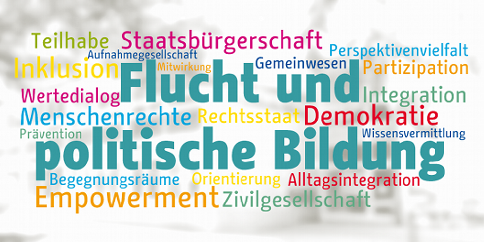 Tag-Cloud mit Wörtern zum Thema "Flucht und politische Bildung" - Aufnahmegesellschaft, Rechtsstaat, Demokratie, Empowerment, Begegngungsräume, Zivilgesellschaft, Menschenrechte, Staatsbürgerschaft, Partizipation, Teilhabe, Inklusion, Integration, Alltagsintegration, Prävention, Wertedialog, Mitwirkung, Perspektivenvielfalt