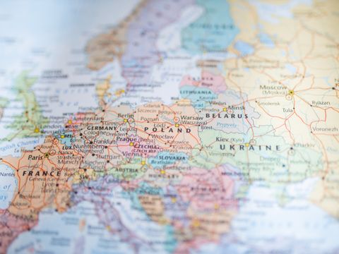 Poland, Belarus, Ukraine, Germany and France on a Blurry European Map
