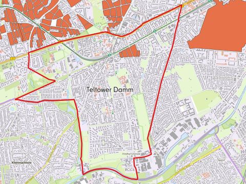 Die Karte zeigt die Erhaltungsverordnungsgebiete nach § 172 BauGB in der Bezirksregion Teltower Damm.