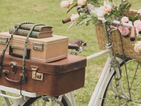 Fahrrad mit koffern und einem Korb mit Blumen