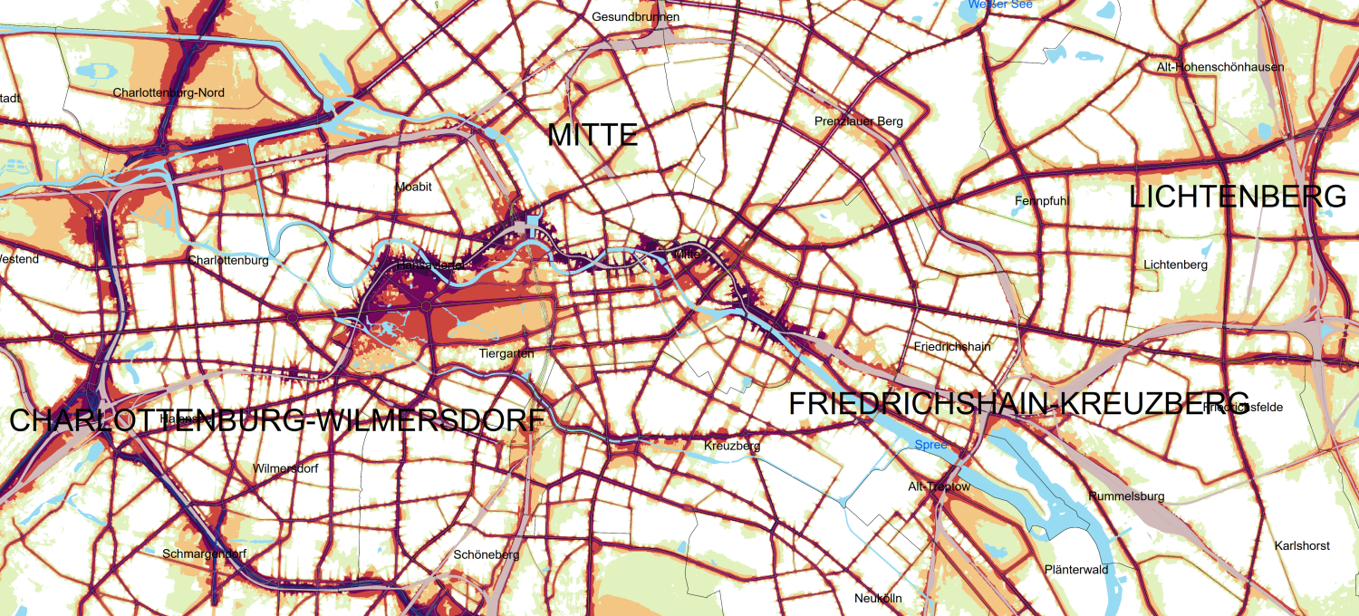 Bildvergrößerung: Strategische Lärmkarte L DEN (Tag-Abend-Nacht-Lärmindex) Gesamtverkehr (Straße, Schiene, Flugzeug)