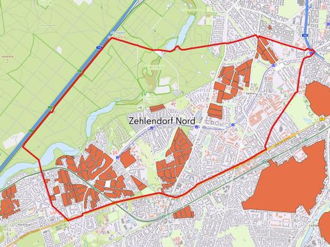 Die Karte zeigt die Erhaltungsverordnungsgebiete nach § 172 BauGB in der Bezirksregion Zehlendorf Nord.