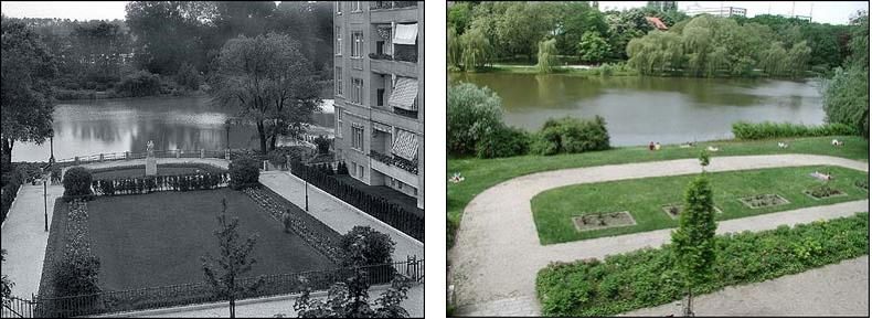 Fotovergleich historisch und heute - Blick auf die untere Terrasse und über den Lietzensee auf dem Kuno-Fischer-Platz