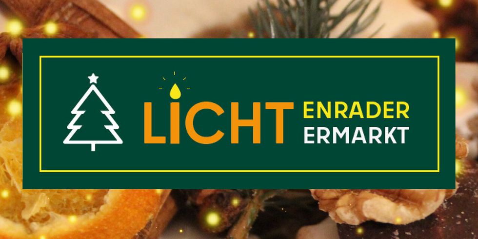 Logo zum Lichtenrader Lichtermarkt mit Plätzchen, getrockneten Orangen, Wallnüssen und Zweigen im Hintergrund.