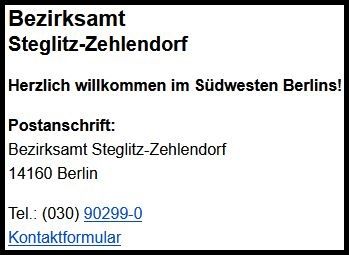 Screen·shot einer Internet·seite mit Kontakt·daten vom Bezirks·amt