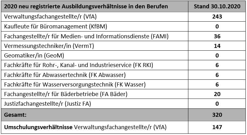 2020 neu registierte Ausbildungsverhältnisse inkl. Anzahl zum Stand 30.10.2020