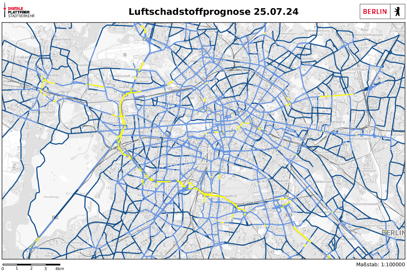 Auf der linken Seite befindet sich eine Kartenansicht von Berlin und die Abbildung zeigt die Luftschadstoffbelastung mit NO2 auf den Hauptverkehrsstraßen zum Zeitpunkt 25.07.2024 an. Die blaue Färbung steht für eine geringe Belastung mit NO2. Die gelbe Färbung steht für eine höhere Belastung und ist auf der A100 und in zum Teil in Spandau, sowie an zwei weiteren Orten in Treptow und Lichtenberg sichtbar. 