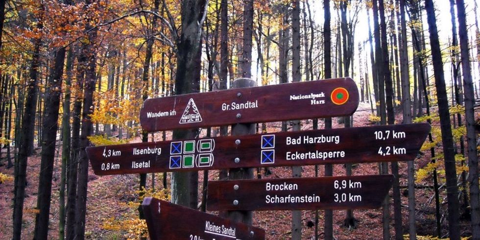 Wegweiser im "Ilsetal" für mehrere Wanderziele