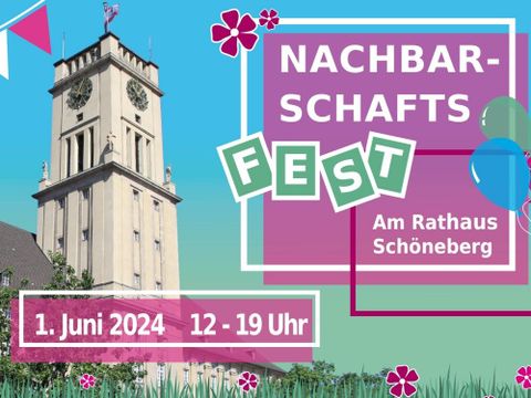 Bunte Grafik zum Nachbarschaftsfest am Rathaus Schöneberg am 1. Juni 2024 von 12 bis 19 Uhr