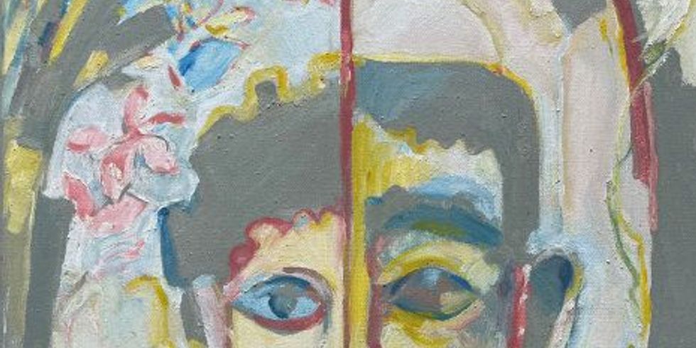 Das Bild in grau-bunter Farbmischung zeigt ein Protrait, dass durch einen senkrechten Strich in zwei Hälften geteilt wird: Links die Gesichthälfte einer Frau, rechts die eines Mannes, die zusammen ein ganzes Portrait in einem elliptsichen Rahmen aus Farbe und Struktur ergeben