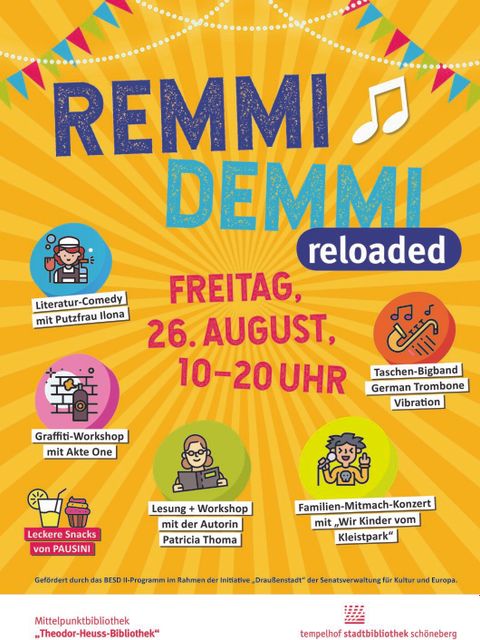 Bildvergrößerung: Bunte Grafik mit dem Text "Remmi Demmi reloaded".