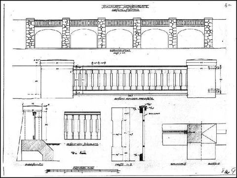 Erwin Barth - Sachsenplatz (Brixplatz), Entwurf zum Abschlussgitter auf der Stützmauer, M 1:10, 1:5, 1920, Tusche/Transp.