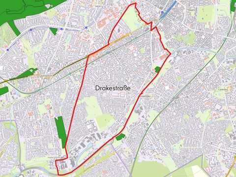 Die Karte zeigt die Schutzgebiete und Schutzobjekte nach Naturschutzrecht Berlin (inklusive Natura 2000) in der Bezirksregion Drakestraße.