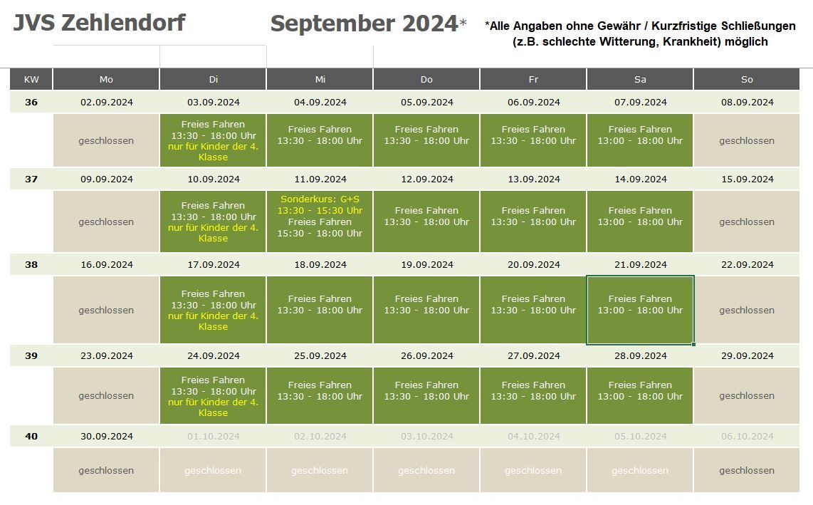 Öffnungszeiten September Jugendverkehrsschule Zehlendorf