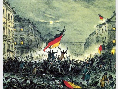 Ereignisblatt aus den revolutionären Märztagen 18.-19. März 1848 mit einer Barrikadenszene aus der Breiten Strasse, Berlin