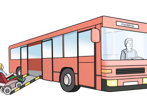 Zeichnung: Rollstuhl-Fahrer fährt über Rampe in einen Bus