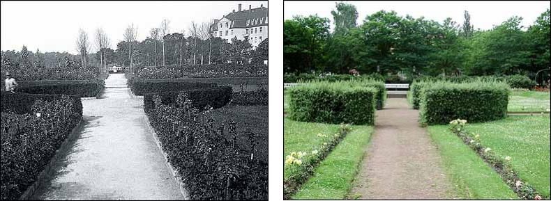 Fotovergleich historisch und heute - Zentrales Rondell mit Hauptweg auf dem Karolingerplatz