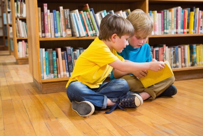 zwei Jungs sitzen vor einem Bücherregal und lesen in einem Buch