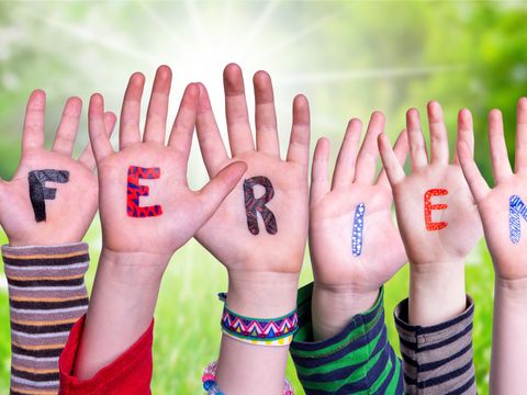 Children Hands Building Word Ferien Means Holidays, Grass Meadow