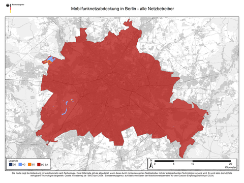 Karte des Landes Berlin mit farblicher Hervoerhebung der abdeckung mit 5G-Mobilfunk. Nur sehr kleine Flächen im Nordwesten und im Grunewald sind nicht mit 5G sondern mit 4G abgedeckt.