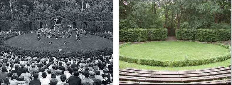 Fotovergleich historisch und heute - Die Bühne des Naturtheaters im Volkspark Jungfernheide