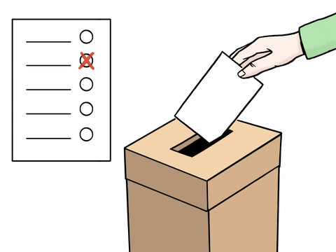 Hand mit Wahlschein und Wahlurne