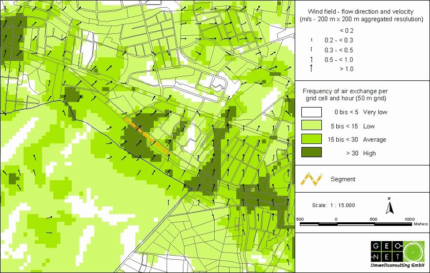 Air exchange per grid cell and autochthonous flow field in the Spandau area during a low-exchange cloudless summer night