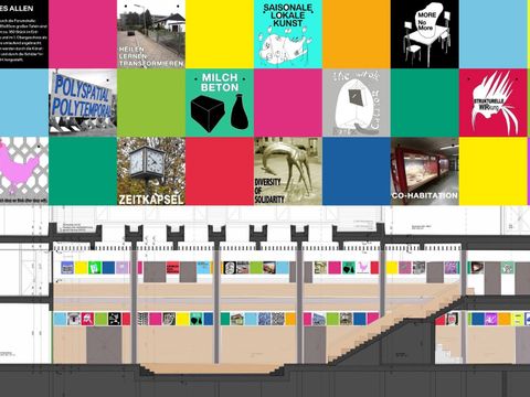 Bildvergrößerung: Eine bunte Grafik. Im Oberen Teil der Grafik sind bunte Kacheln, zum Teil mit Orten, Bildern und Schriftzügen. In der unteren Hälfte ist der Querschnitt einer Halle. In der Halle sind diese bunten Kacheln an den Wänden angebracht.