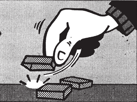 Comiczeichnung von einer Hand, die ein Kästchen beim Hütchenspiel anhebt