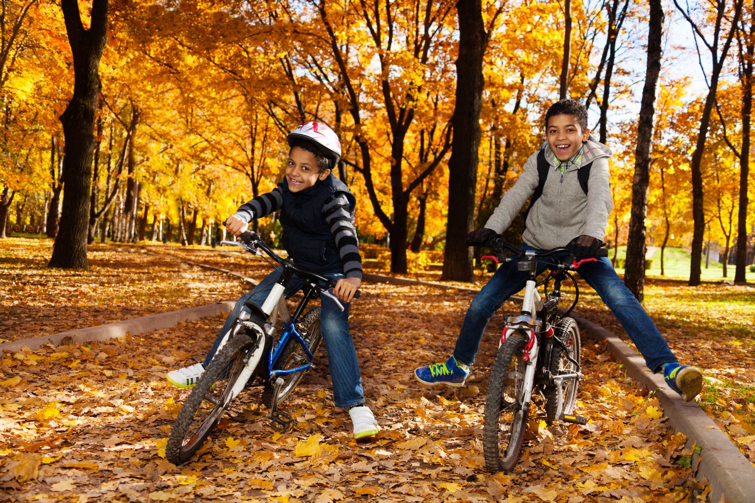 zwei Jungs auf Fahrrädern im Herbstwald