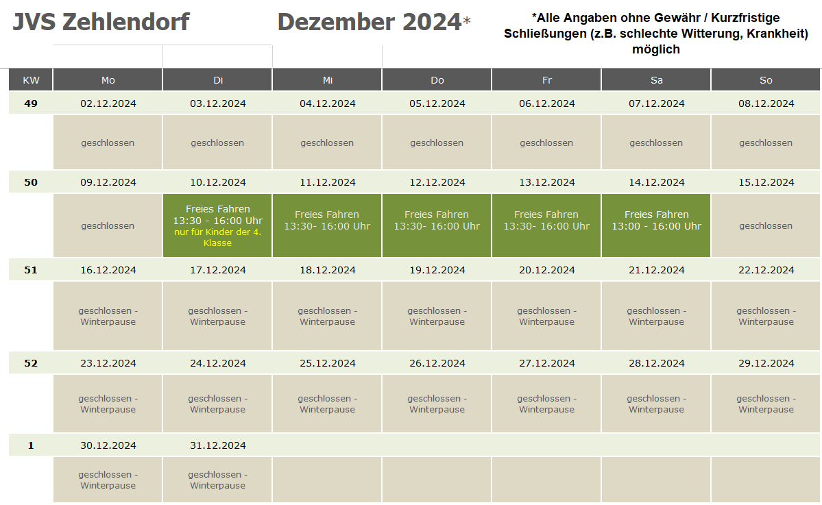 Öffnungszeiten JVS Zehlendorf Dezember 2024