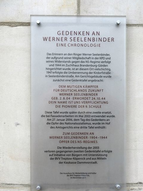 Bildvergrößerung: Gedenktafel für Werner Seelenbinder