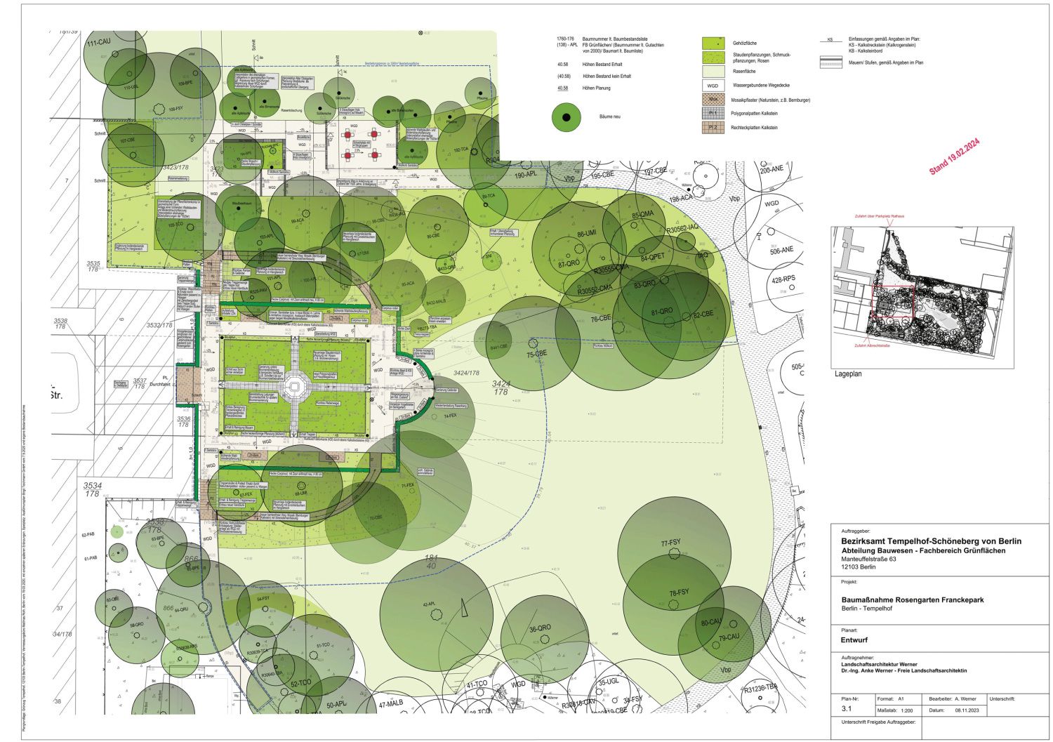 Gesamt-Plan über die Baumaßnahmen des Rosengartens im Franckepark