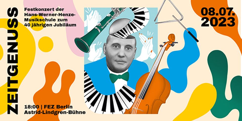 Buntes Banner mit einer Collage zum Jubiläumskonzert der Hans-Werner-Henze-Musikschule