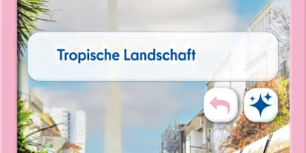 Screenshot aus dem Video: KI-generiertes Bild von Berlin-Mitte mit Fernsehturm im Hintergdund und einer Tram-Linie, die durch eine Flamingo-Wasserlandschaft führt