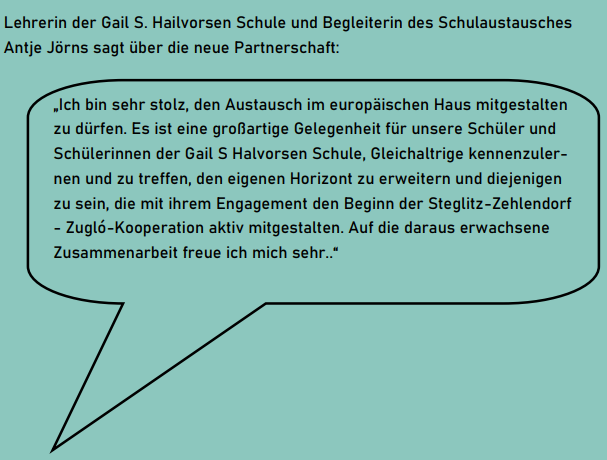 September 2023: Zitat einer Lehrerin der Gail-S.-Halvorsen-Schule über Schüleraustausch mit Zugló (erschienen in "Wir sind Schule" 04/2023)