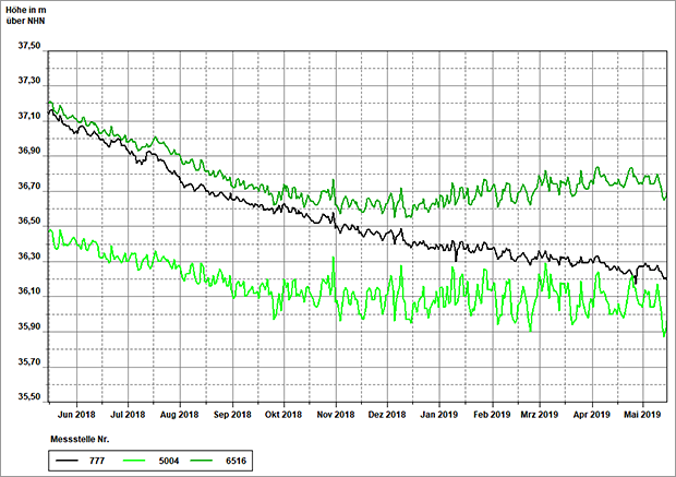 Abb. 14: Grundwasserstand in drei beispielhaften Grundwassermessstellen auf der Teltow-Hochfläche (777) und der Barnim-Hochfläche (5004 und 6516) vom 15. Mai 2018 bis zum 15. Mai 2019