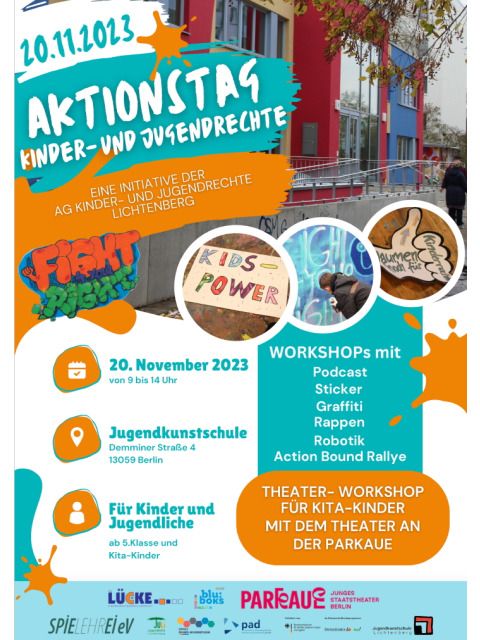 Bildvergrößerung: Plakat zum Aktionstag Kinder- und-Jugendrechte am 20.11.2023 9-14 Uhr in der Jugendkunstschule Lichtenberg