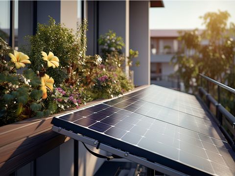 Solarmodul auf Balkon, Blumen dahinter