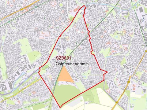  Die Karte bildet die festgelegten Grenzen des Städtebauförderprogramms Sozialer Zusammenhalt und der Quartiersmanagementgebiete in der Bezirksregion Ostpreußendamm ab.