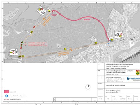 Bildvergrößerung: Verkehrsführungsplan für die Fahrbahnerneuerung der Pfaueninselchaussee zwischen Königstraße und Nikolskoer Weg in Berlin-Wannsee.