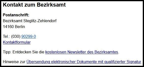 Screen·shot von den Kontakt·daten des Bezirks·amts