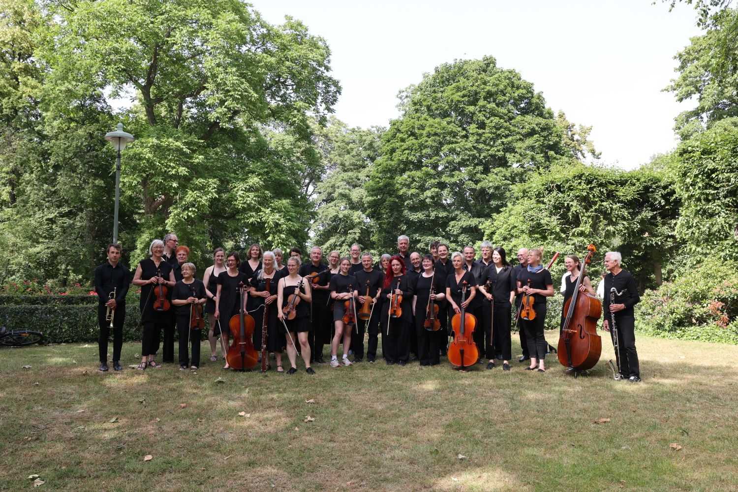 Orchestermitglieder stehen auf einer Wiese