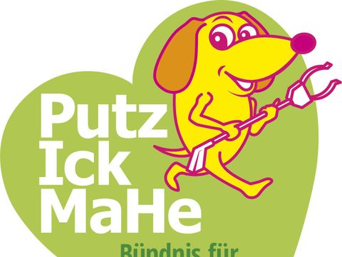 Das Logo zeigt einen gezeichneten gelben Comic-Hund mit Müllgreifer vor einem grünen Herz mit dem Text ""PutzIck MaHe - Bündnis für unsere Umwelt"