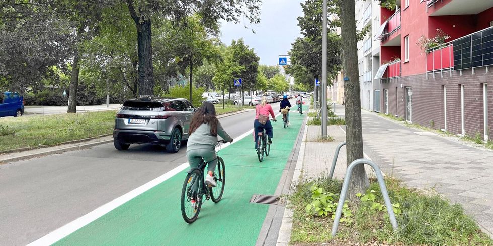 Das „Grüne Band“ ist trocken und wird von Radfahrenden genutzt. Radfahrende auf grünem Radweg an der Sömmeringstraße