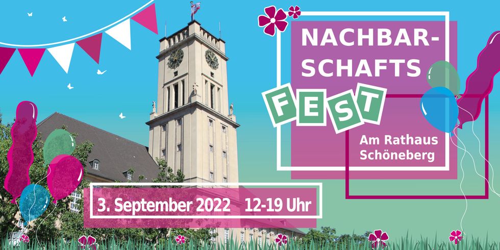 Buntes Titelbild zum Nachbarschaftsfest mit Rathausgebäude