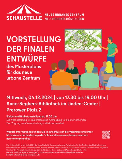 Plakat zur Vorstellung der finalen Entwürfe des Masterplans für das neue urbane Zentrum Neu-Hohenschönhausen