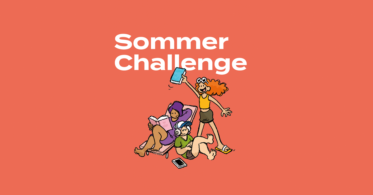 Unter dem Schriftzug "Sommer Challenge" sind drei Kinder als Comic-Figuren zu sehen. Eine Figur liest, eine hört Musik und die dritte hält begeistert ein Buch in die Luft 