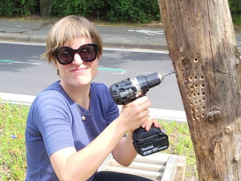 Bezirkstadträtin Annika Gerold bohrte einige Nisthilfen ins Holz